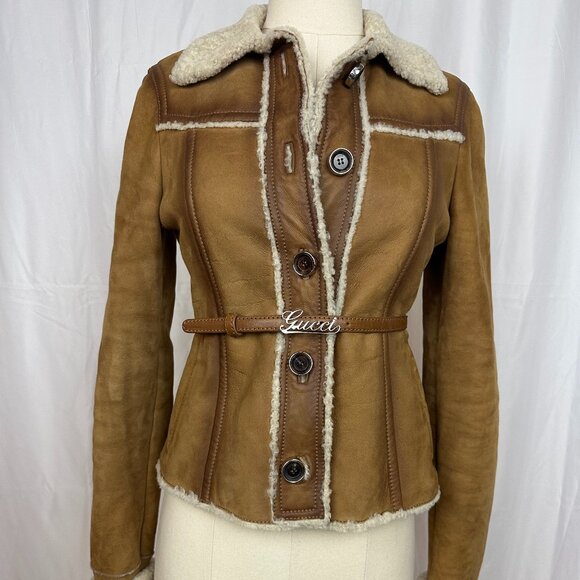 Vintage Y2K Gucci Suede Leather Shearling Jacket Size 38 - Picture 1 of 10